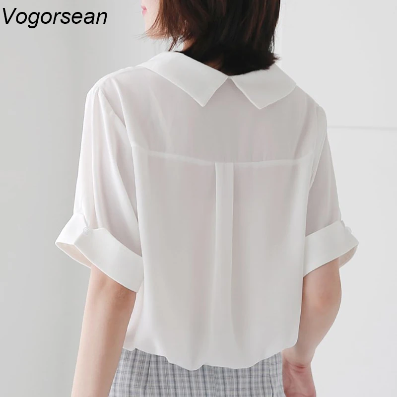 white chiffon blouse women shirt womens tops and blouses solid office blusas mujer de moda 2019 short sleeve shirts clothes | Женская