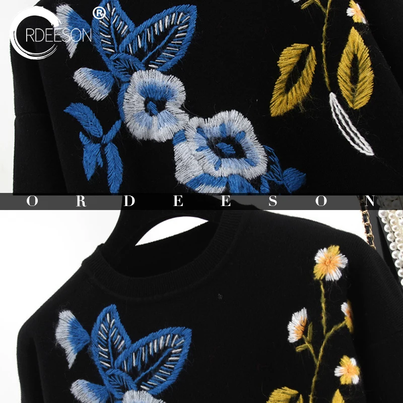 ORDEESON Flowers Embroidery Women Sweaters and Pullovers Jumper winter round neck Knitted Sweater Black Tops Jersey | Женская одежда
