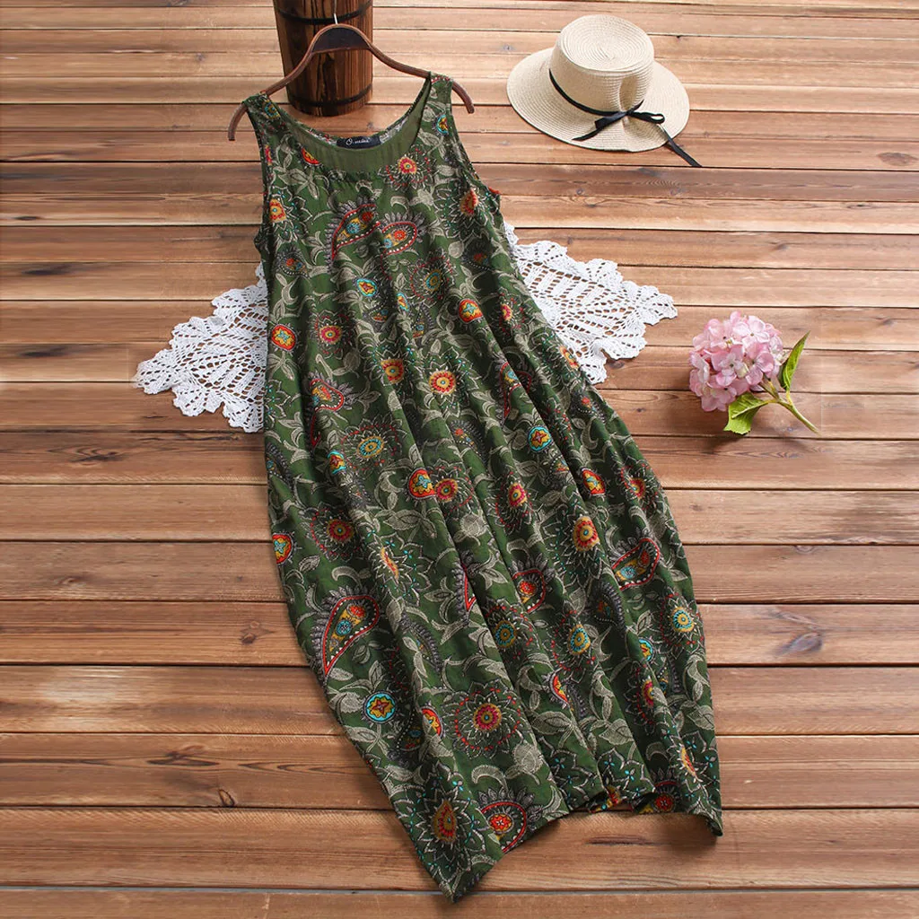Женское модное винтажное платье без рукавов карманы с цветочным принтом