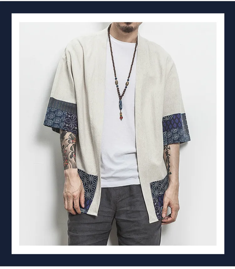 Men Kimono Traditional Open Stitch Shirt Men Cotton Linen Shirts Male Three Quarter Sleeve Shirt Harajuku Mens Clothing 5XL