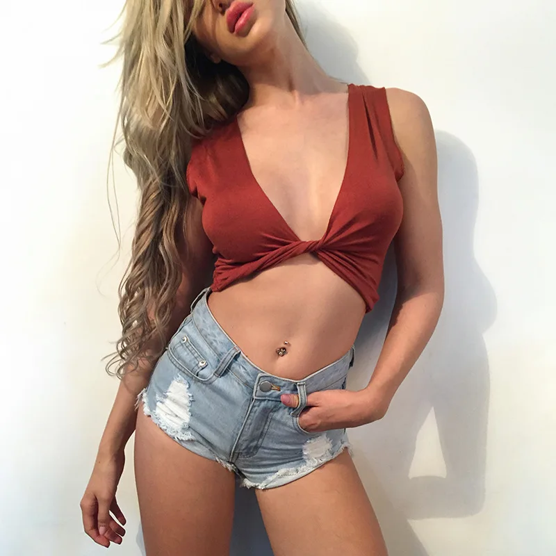 Женщины Crop Топ 2017 Лето Sexy Глубокий V шеи Твердые Футболки Крест Пляж Parth Клуб