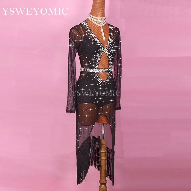 Red Black Shiny Rhinestones Latin Dance Performance Female Clothing Competition Suit Dress for Women | Тематическая одежда и