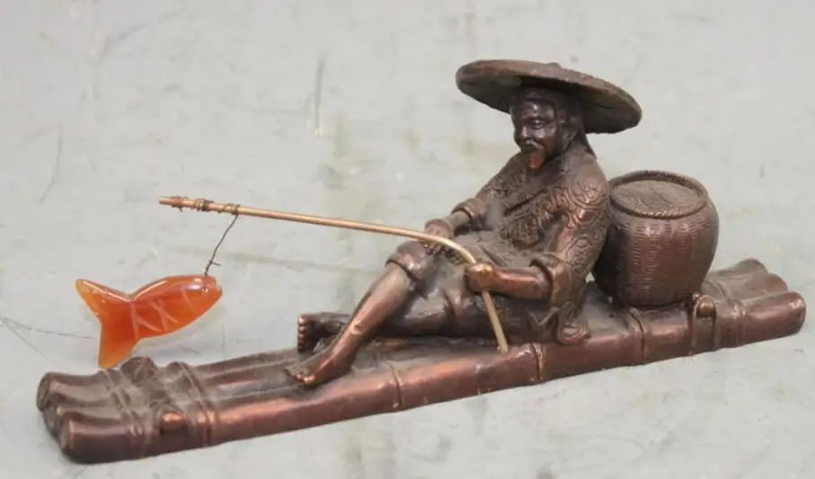 Китайская статуя рыбака из чистой бронзы люди рыбалка Бамбуковая плота