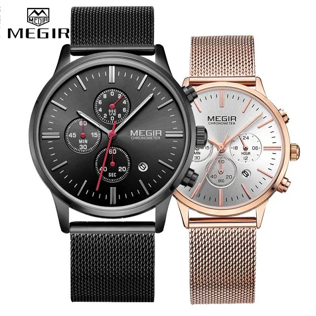 Black Rose Gold MEGIR, мужские и женские часы, модный хронограф, повседневные, водонепроницаемые, тонкие, стальная сетка, кварцевые часы для мужчин и женщин, наручные часы, аналоговые - Цвет: Black Rose Gold