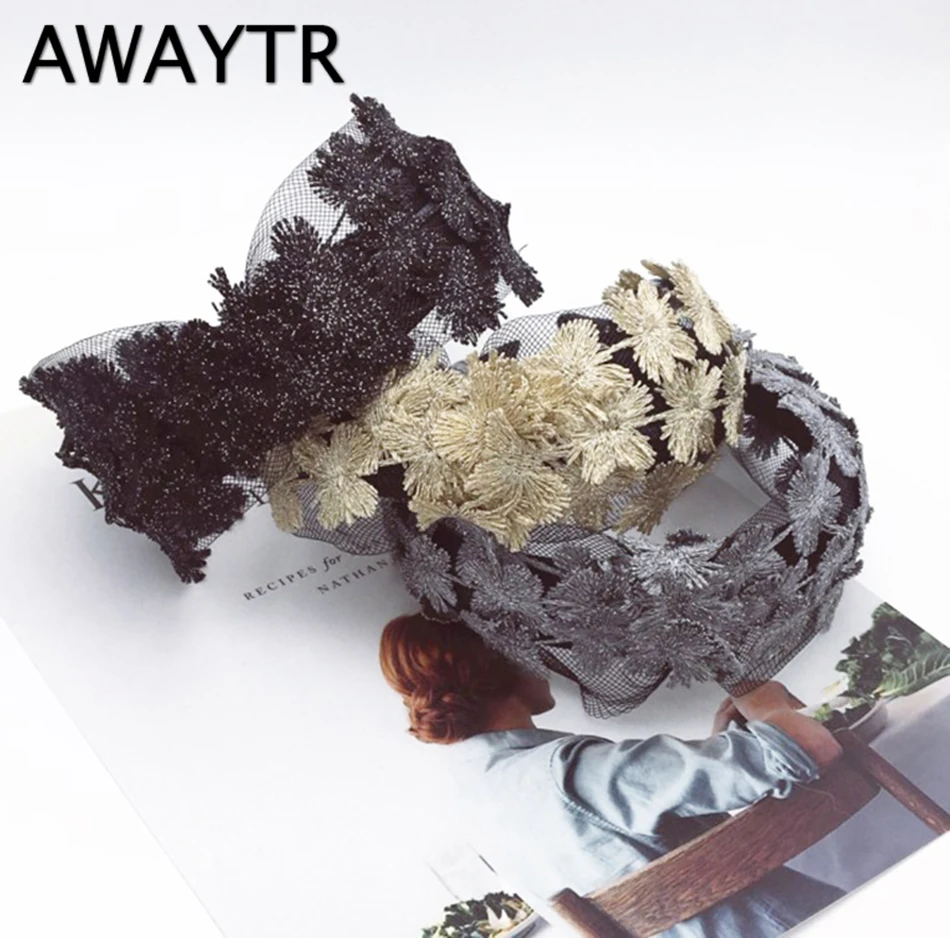 AWAYTR,, модная резинка для волос для женщин, Цветочная повязка на голову, широкие повязки на голову, пряжа, кружево, ручной работы, аксессуары для волос