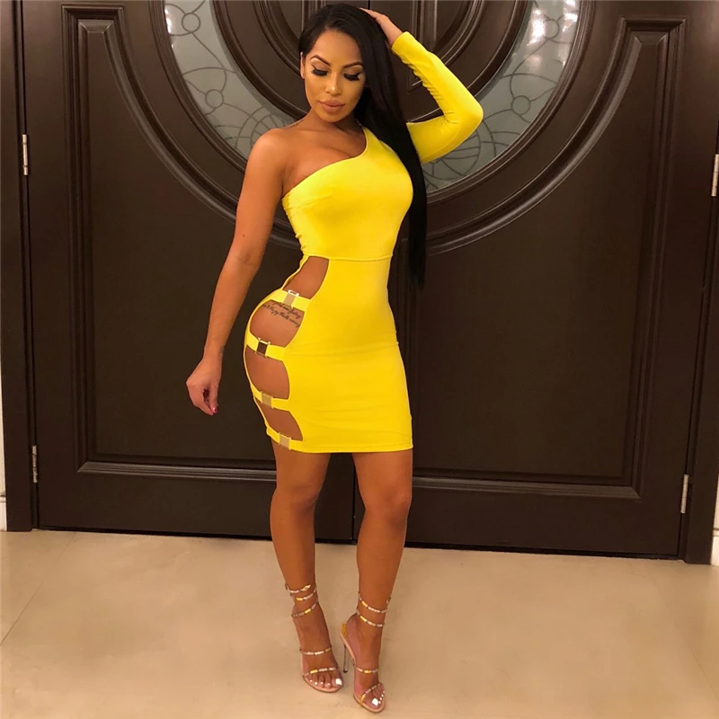 Adogirl Для женщин на одно плечо с длинным рукавом Bodycon Club платья пикантные