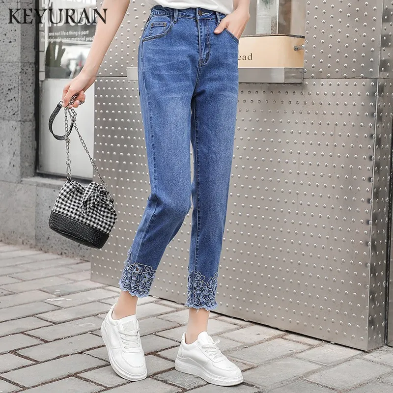 Новые женские Стрейчевые джинсы с высокой талией выдалбливают вышивкой рваные