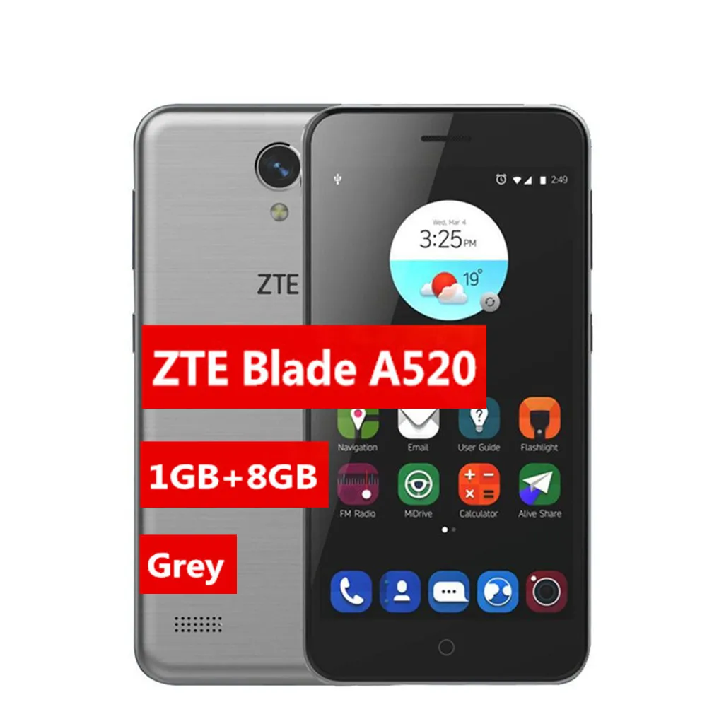 Grey 1GB 8GB Zte лезвие A520 мобильный телефон 1/2GB 8 GB/16 GB 5," 1080*720 4 ядра Android 6,0 Dual SIM 8MP+ 2MP gps 2400 мА/ч, Батарея 1,25 ГГц телефона - Цвет: Grey 1GB 8GB