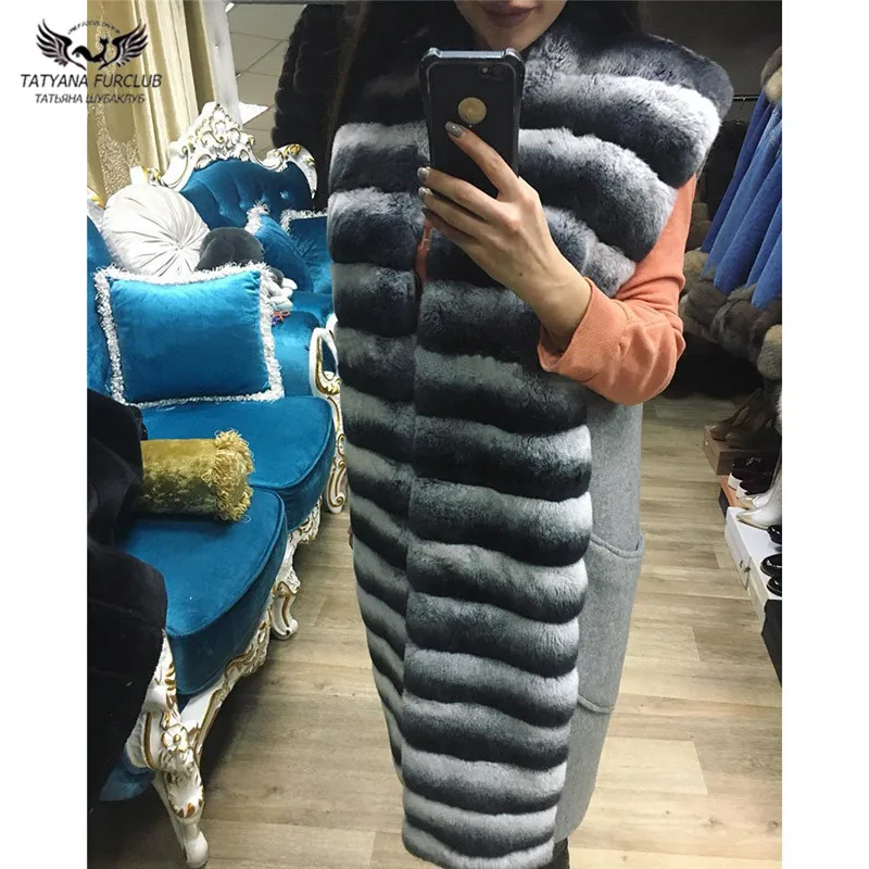 

Tatyana Furclub Natural Rex Rabbit Fur Jacket Women Winter Real Fur Vest Long Fashion Coat Slim Striped Sleeveless Fur Waistcoat