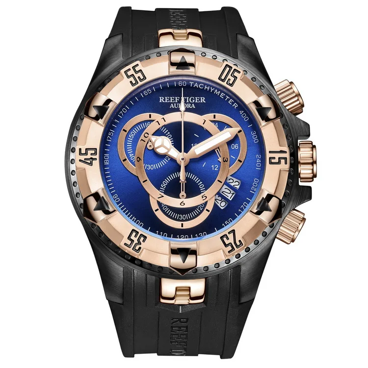 Reef Tiger Aurora Serier RGA303-2 мужские спортивные большие часы водонепроницаемые кварцевые наручные часы с хронографом большой циферблат-розовое золото