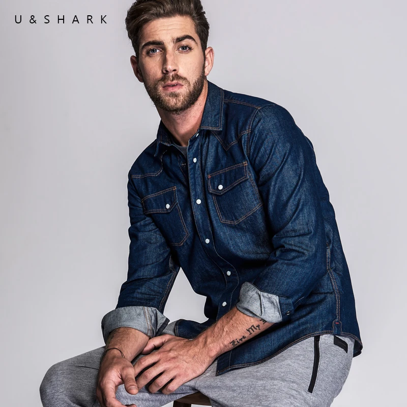 U & SHARK весенне осенний светильник синяя джинсовая рубашка мужские топы одежда с