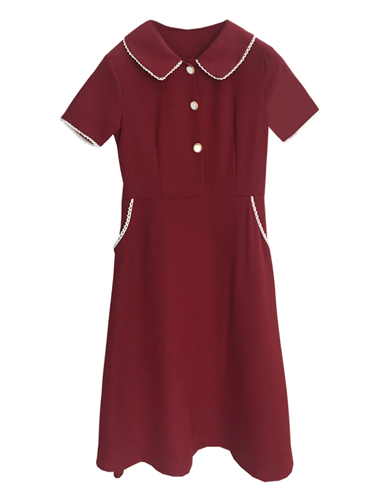 

fashion brand summer England style a-line red button turn-down collar loose knee-length dress fashion brand vestidos verano 2021