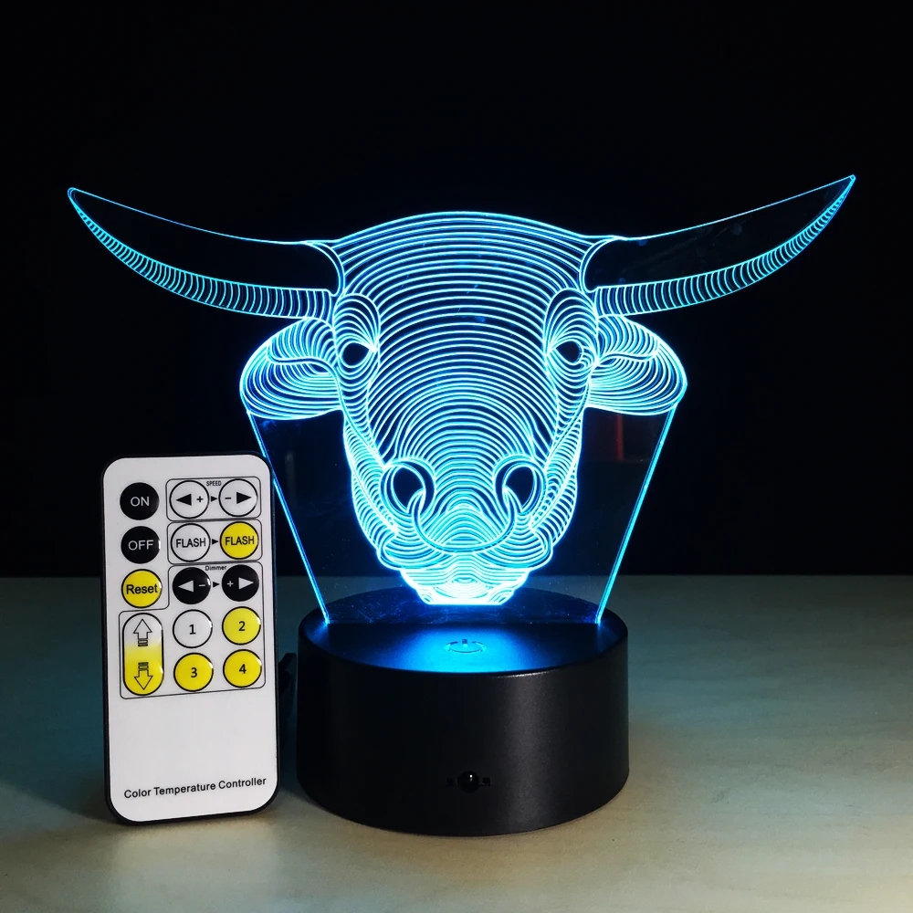 Светодиодная лампа с 3D рисунком животного быка корова USB 7 цветов|Ночники| |