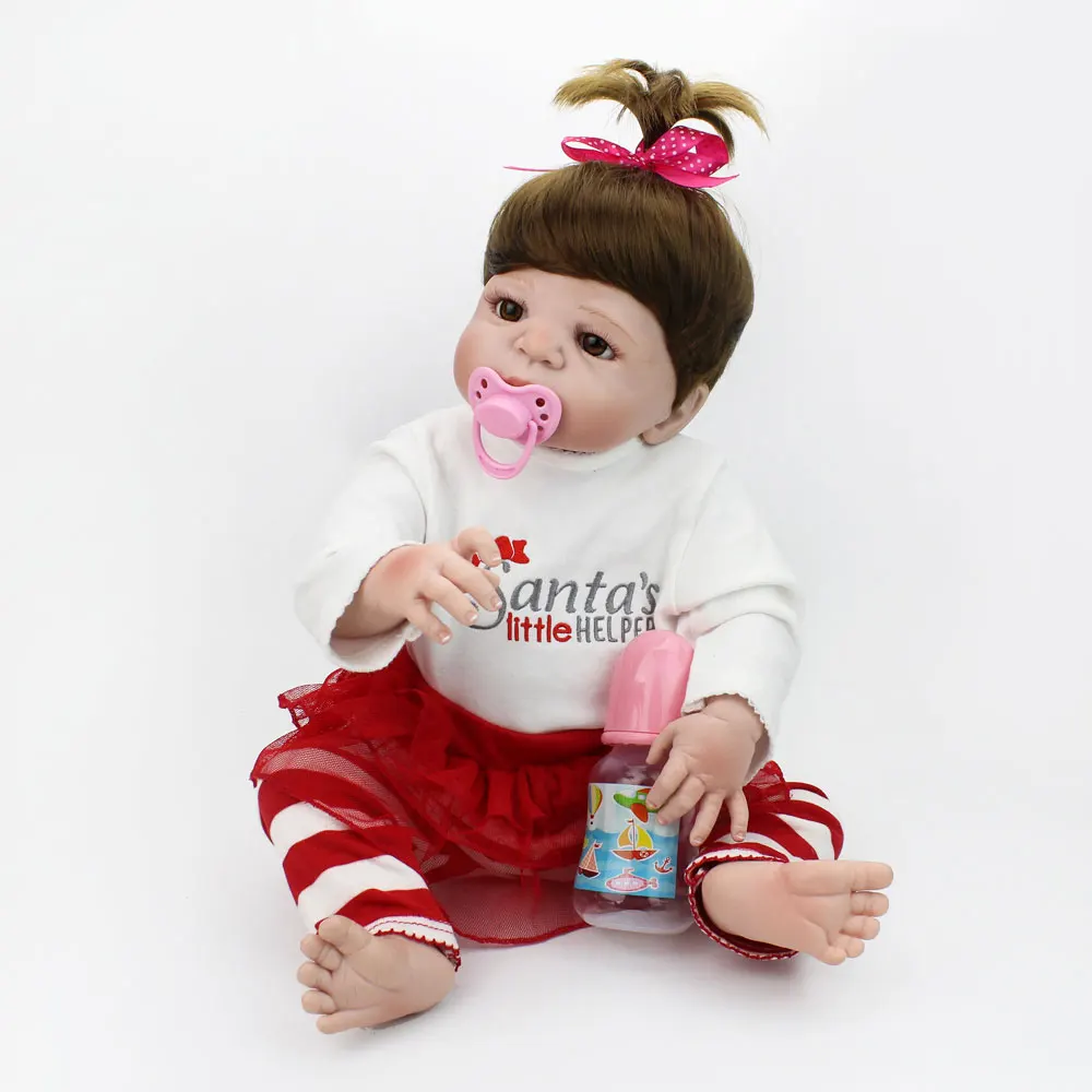 Кукла NPKDOLL Reborn полностью виниловая с коричневыми волосами для девочек красный Bebe