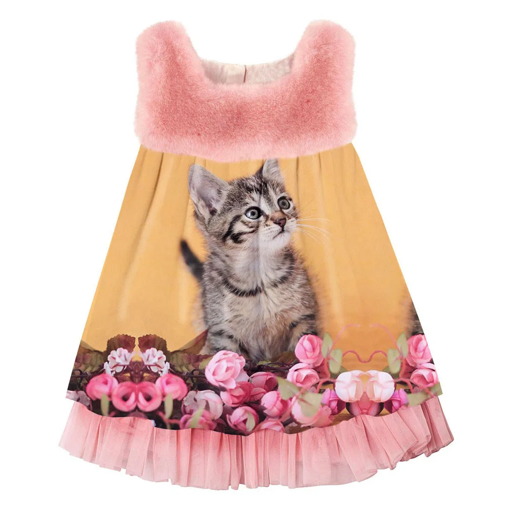 baby Girls Dress fashion Cute Animal printing Spring/Autumn faux fur sleeve girls dress Toddler Kids Dresses Children Clothing | Детская