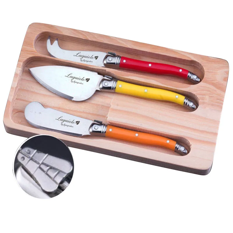 

New Laguiole Style 3-Piece Cheese Knives Spreader w/ MultiColor Handles Jam Butter knife Set in Wooden Box LG06 Free shipping