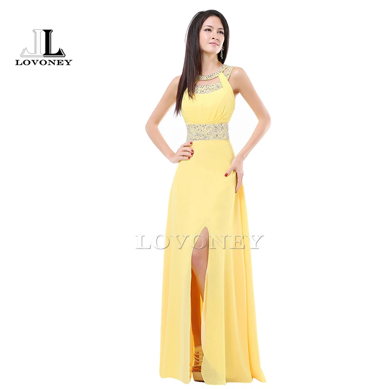Yellow Color 60 DEERVEADO S322 сексуальные боковые расшитые блестками плюс размер длинные платья для выпускного вечера А-силуэта с круглым вырезом официальные платья vestido de festa - Цвет: Yellow Color 60