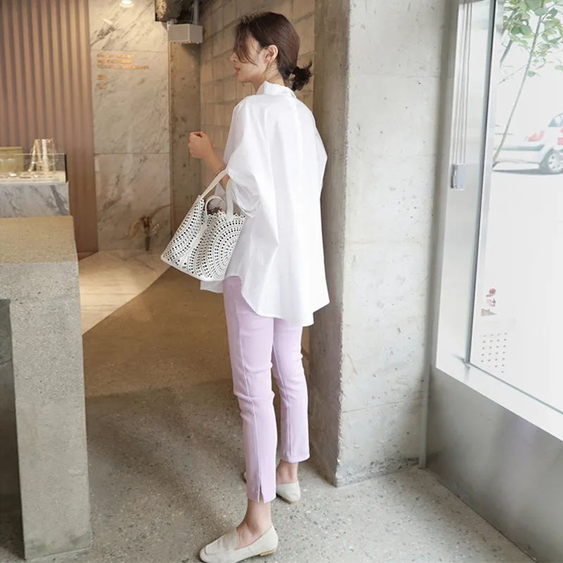 Новинка, Женские топы и блузки в Корейском стиле, свободные, в полоску, отложной воротник, длинный рукав, длинные, Необычные Рубашки