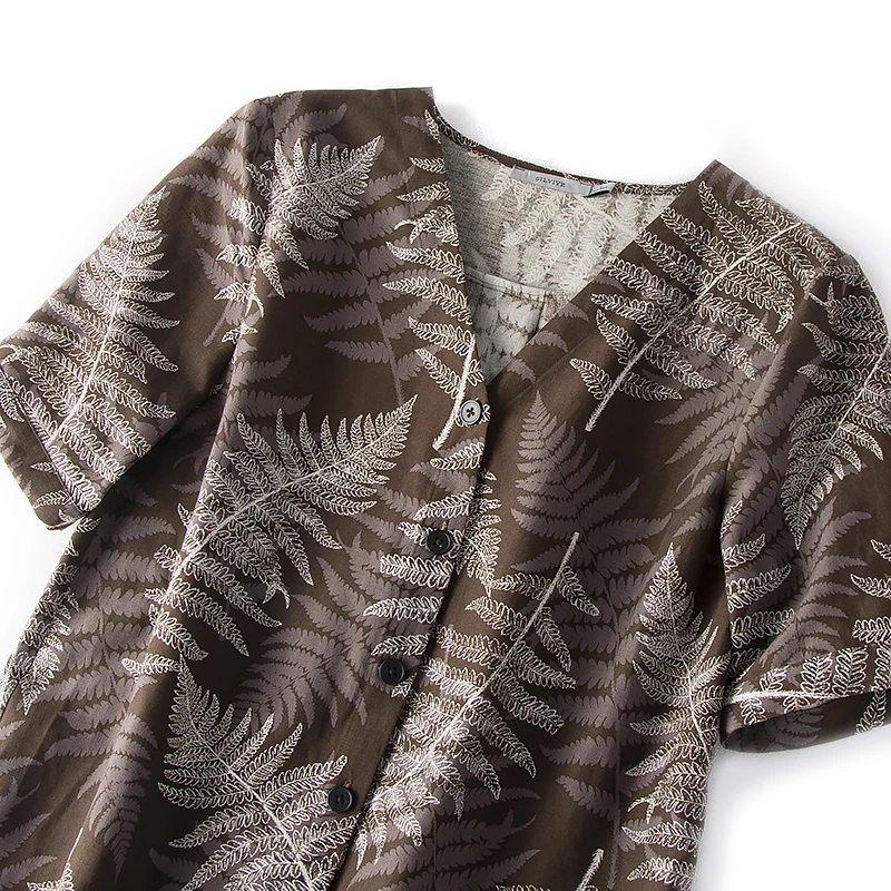 Для женщин платье с принтом 50% шелк хлопок короткими рукавами V образным вырезом