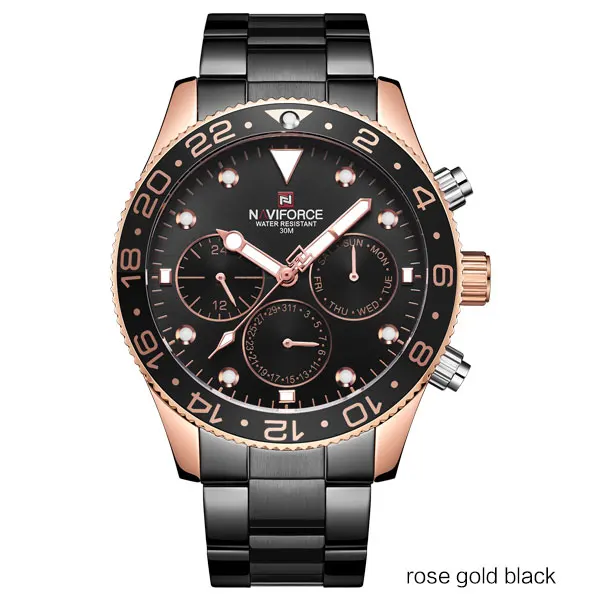 Rose Gold Black NAVIFORCE роскошные часы мужские военные спортивные часы мужские s Нержавеющая сталь водонепроницаемые кварцевые 24 часа календарь наручные часы Reloj - Цвет: Rose Gold Black