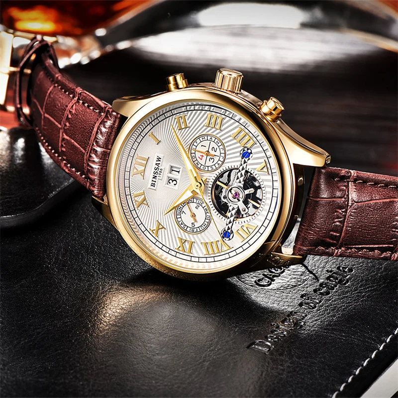 BINSSAW Мужские автоматические механические часы Tourbillon из натуральной кожи мужские