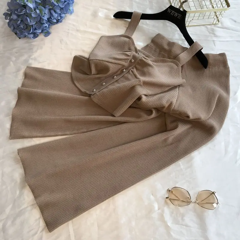 ALPHALMODA без рукавов Вязанный жилет+ трикотажные широкие брюки женские летние 2 шт повседневный комплект однобортный наряд брюки костюмы
