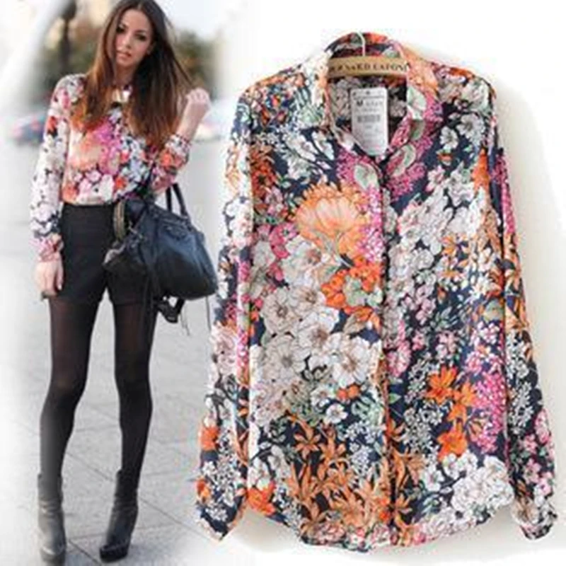 New 2018 Spring Summer Vintage Floral Print Shirt Women Long Sleeve Fashion Chiffon Blouses Tops Plus Size Female Kimono Blouse |