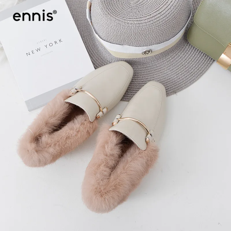 ENNIS/ г., черные Лоферы женская обувь из натуральной кожи, без задника, зимняя обувь с натуральным кроличьим мехом, пряжки для тапочек, модная повседневная обувь C857