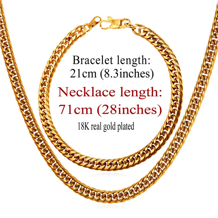 gold plated 28inch U7 Позолоченный Панцирь Цепь Ожерелье и Браслет Ювелирные Наборы Щирина 6mm Хип-Хоп Стальная Цепочка Для Мужчин S842 - Окраска металла: gold plated 28inch