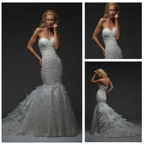 

High Quality Custom Royal slit neckline satin luxury big train ruffle wedding dress mermaid