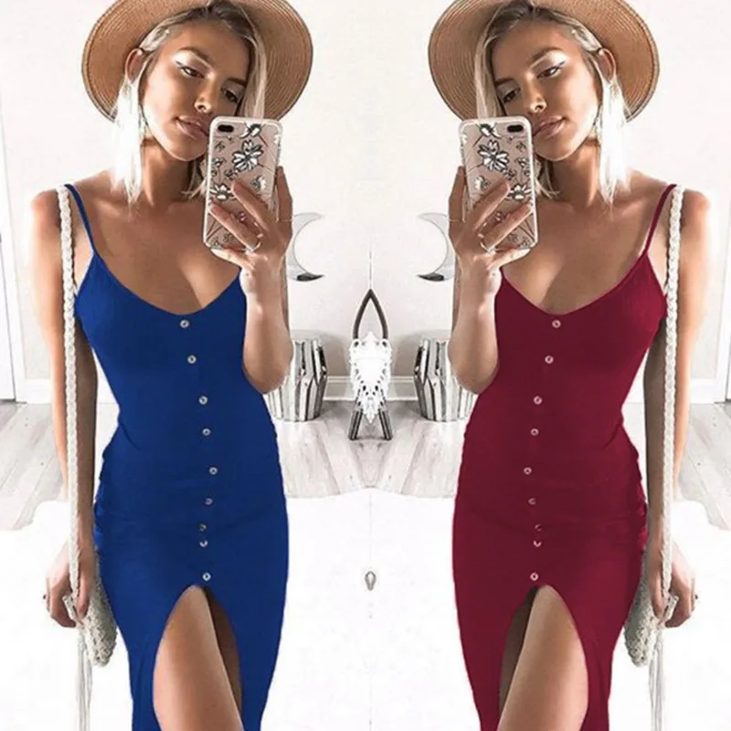 

7-colour Sexy Suspender Button Front Split Dress