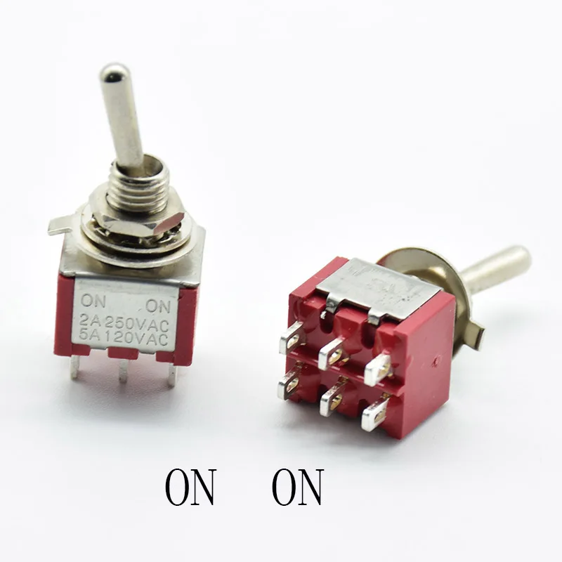 5 шт. красный тумблер Mini MTS 202 ВКЛ./вкл. DPDT фиксация 2A 250VAC/5A 120VAC 6 контактов с паяльным