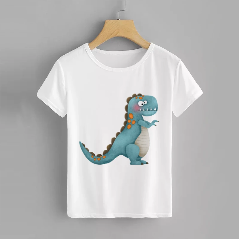 Dinosaur Print Children T-shirts Funny Boys Girls Summer Tops White Short Sleeve T Shirts Cartoon | Детская одежда и обувь