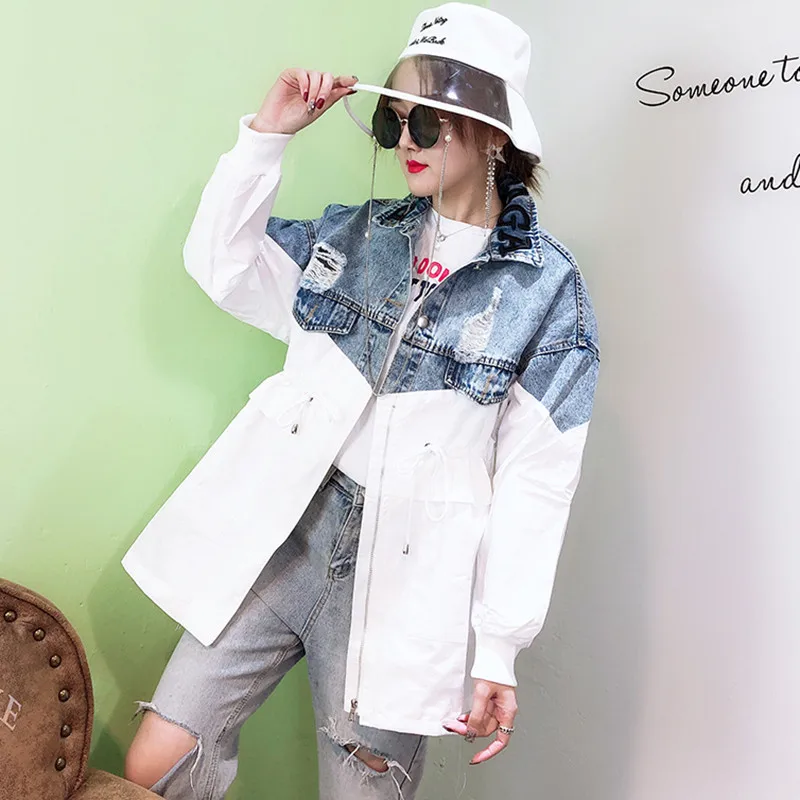 2019 весна осень отверстия женские джинсовые куртки Лоскутная ветровка с