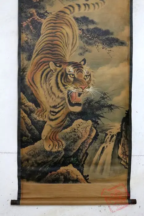 Редкий Старый китайский QingDyansty прокрутки живопись тигр изысканный дизайн ручной
