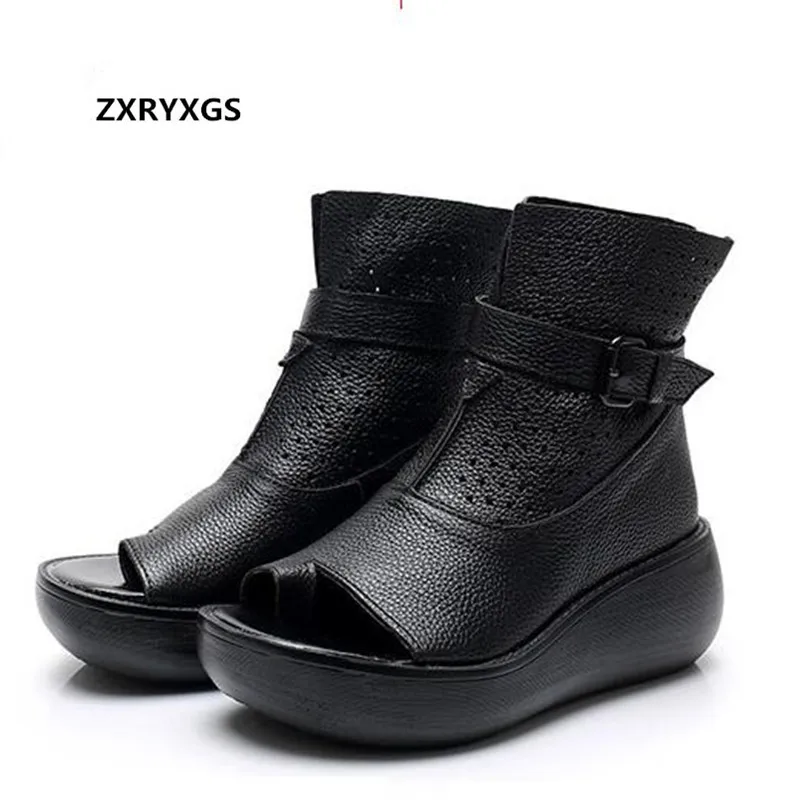 

ZXRYXGS 2022 New Open Toe Women Summer Sandals Platform Wedge Boots Roman Shoes Women Sandals Fashion Real Leather Sandals Tide