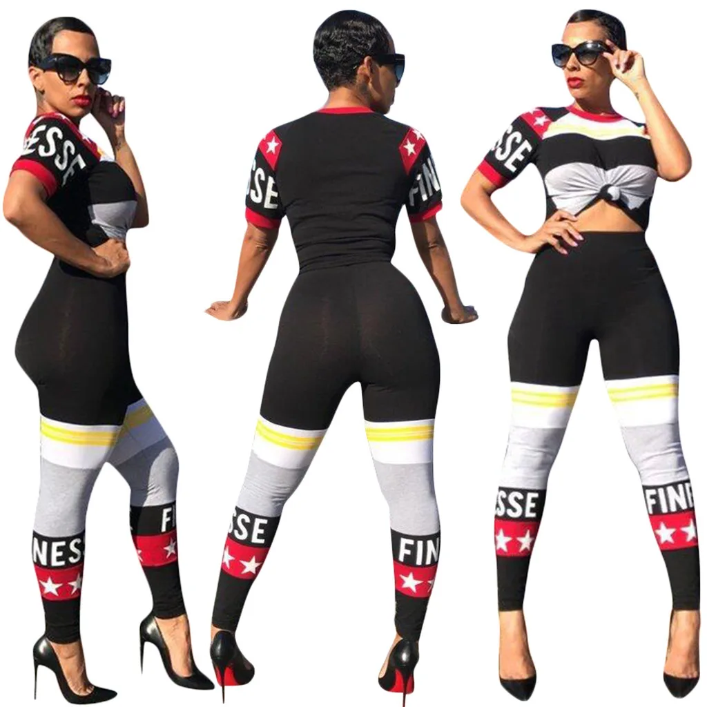 2018 г. летняя повседневная Для женщин комплекты с буквенным принтом Топ Длинные