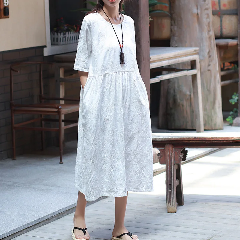 Женское длинное платье миди ORIGOODS однотонное хлопковое льняное с круглым вырезом
