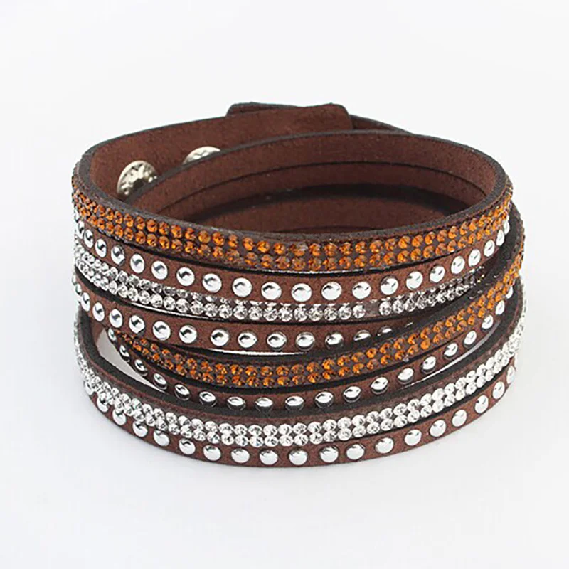 Многослойные кожаные браслеты для женщин и мужчин с кристаллами ПУ на запястье