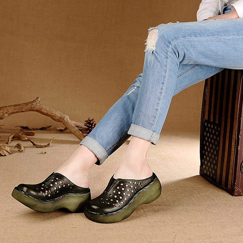 Красивые женские шлепанцы на платформе из натуральной кожи ручной работы