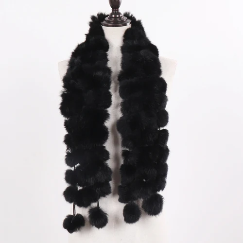 black New Winter Women Real Rabbit Fur Scarf Natural Warm Rabbit Fur Muffler Girl Fashion Knitted Genuine Rabbit Fur Scarves - Color: black