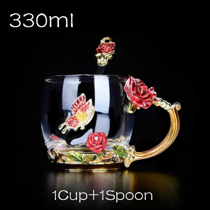 1cupspoon Красная роза, эмалированное стекло, кофейные кружки чашки для чая и кружки, ручной работы, термостойкие стаканы, стакан для воды, посуда для напитков, подарок для влюбленных, свадебная чашка - Цвет: 1cupspoon