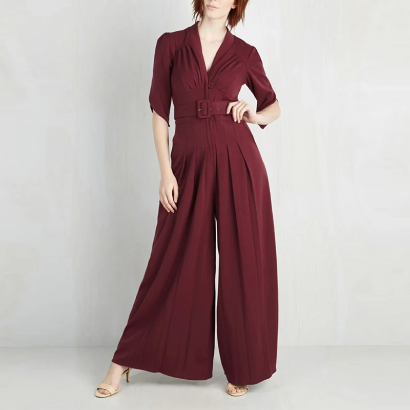 Wine Red HDY Haoduoyi Летний Тонкий женский комбинезон с высокой талией и карманами, комбинезон с v-образным вырезом и коротким рукавом, Модный комбинезон-шаровары - Цвет: Wine Red