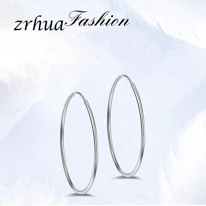 ZRHUA, высокое качество, 925 пробы, серебряные, большие круглые серьги-кольца для женщин, девушек, 5 размеров, подходят вечерние ювелирные изделия, аксессуары