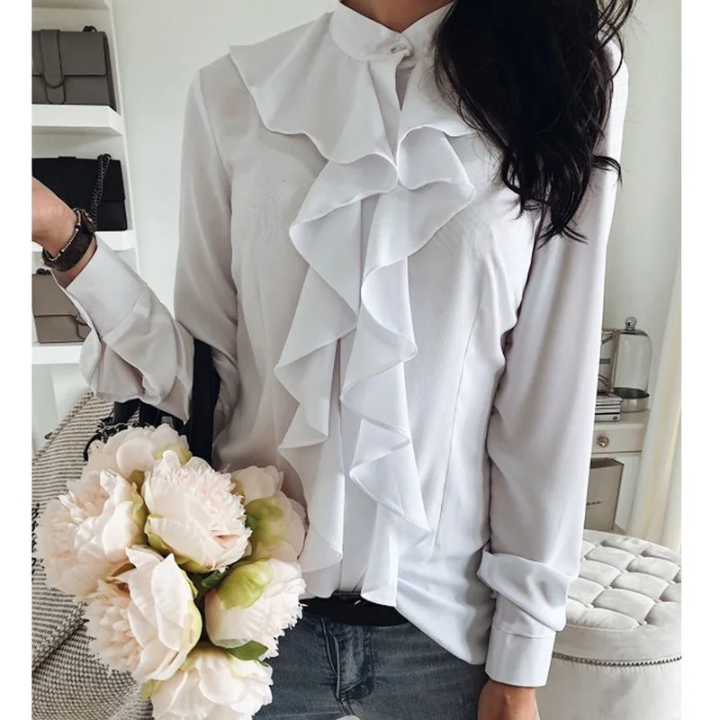 NIBESSER 2020 Fashion Korean Style Office Work Wear Ruffle Pleated Long Sleeve Women White Blouse Top Lady Shirt | Женская одежда
