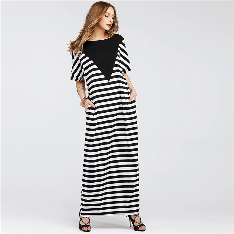 Повседневное V Форма патч Дизайн полоса половины рукав Для женщин Бохо длинное