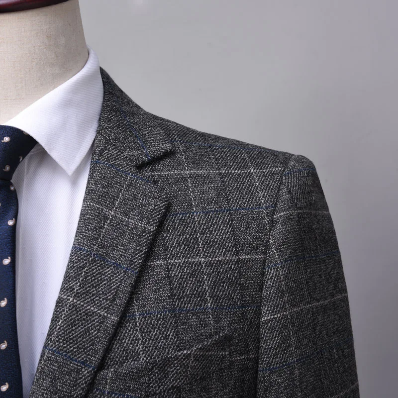 OSCN7 серый клетчатый портной костюм для мужчин 3 шт Джентльмен Бизнес Свадьба на