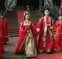 red couple wedding costume for bride and groom hanfu for newest tv play zui ling long print chiffon drama costume hanfu