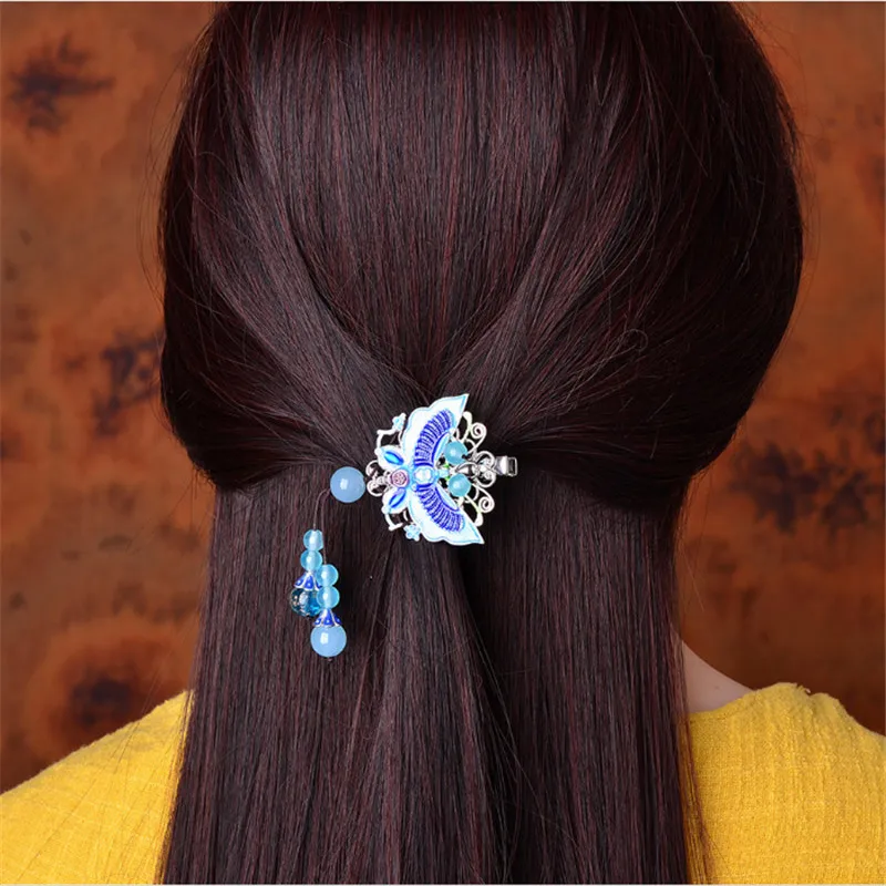 Yanting, Винтажные заколки для волос, заколки с бабочкой, перегородчатая, модные украшения для волос для женщин, голубой камень, кисточка, украшение на голову, подарок 0131