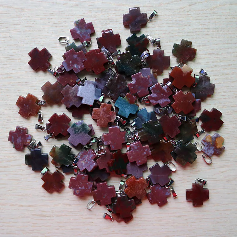 Indian agate 25 шт./партия, хит, натуральный камень, смешанный цвет, крест, подвеска для изготовления украшений ожерелья, подарок для женщин,, 20 мм - Окраска металла: Indian agate